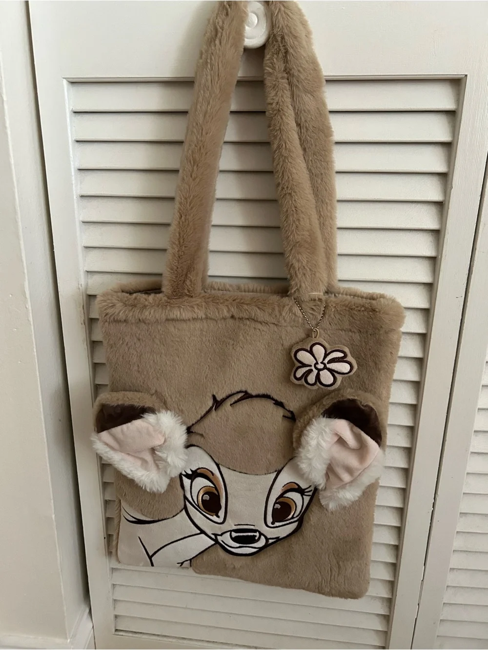 Disney Beige Bambi Plush Tote with Faux Fur Ears and Flower Charm